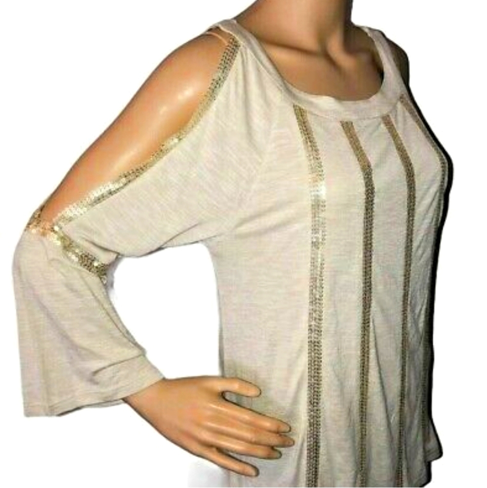 Chicos Cold Shoulder w Gold Sequins  NWT